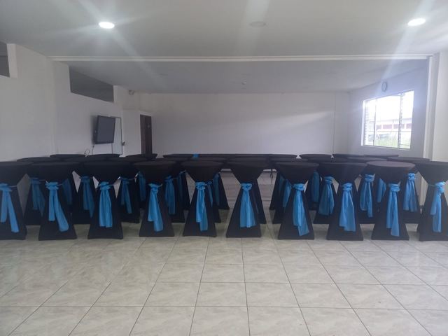 Cocteleras negras con lazo celeste en salón