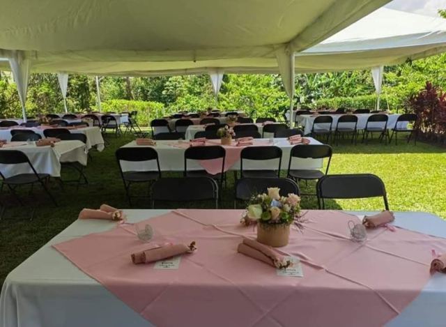 Toldo con mesas mantel blanco y camino rosado