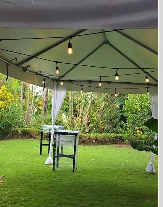 Toldo con luces tipo feria y mesa coctelera sobre el césped de un jardín