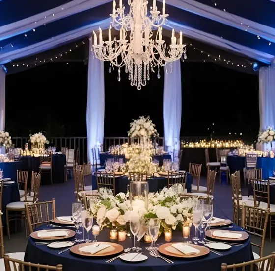 Montaje de boda bajo toldo con candelabro, mesas redondas con mantel azul y sillas doradas